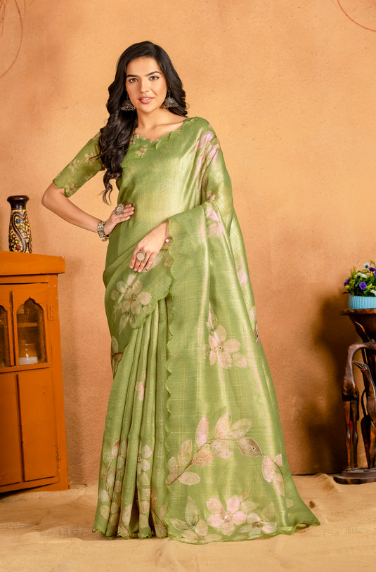 Elegant Pastel Green Floral Woven Silk Saree
