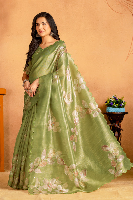 Elegant Pastel Green Floral Woven Silk Saree