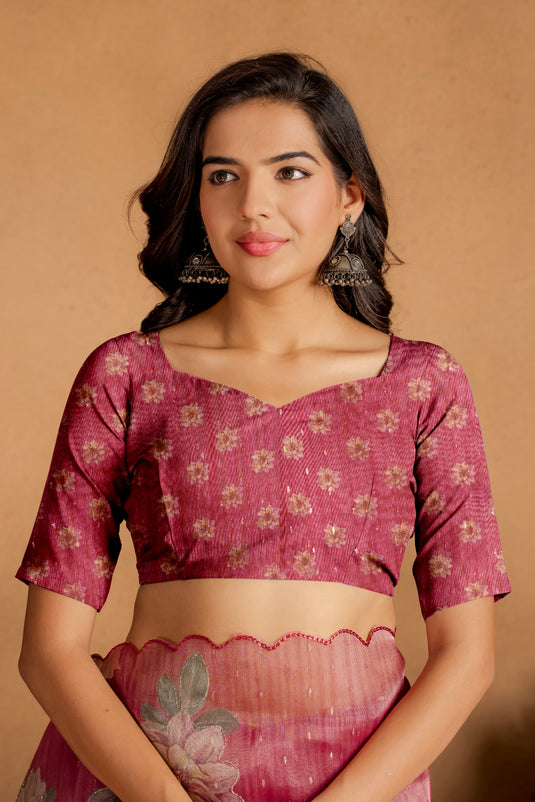 Rose Wine Floral Organza Saree