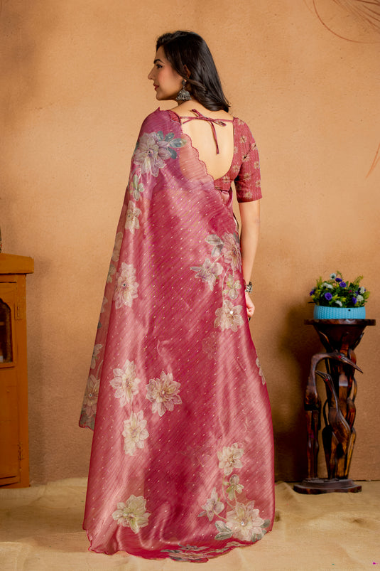 Rose Wine Floral Organza Saree