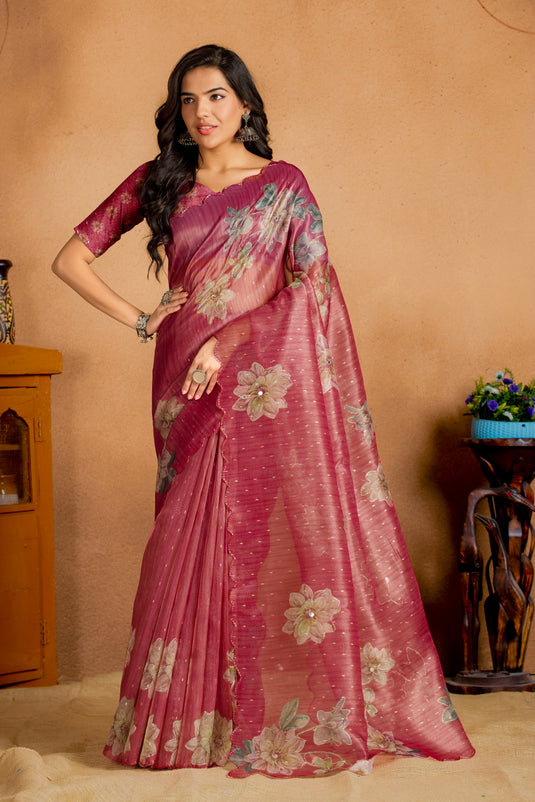 Rose Wine Floral Organza Saree