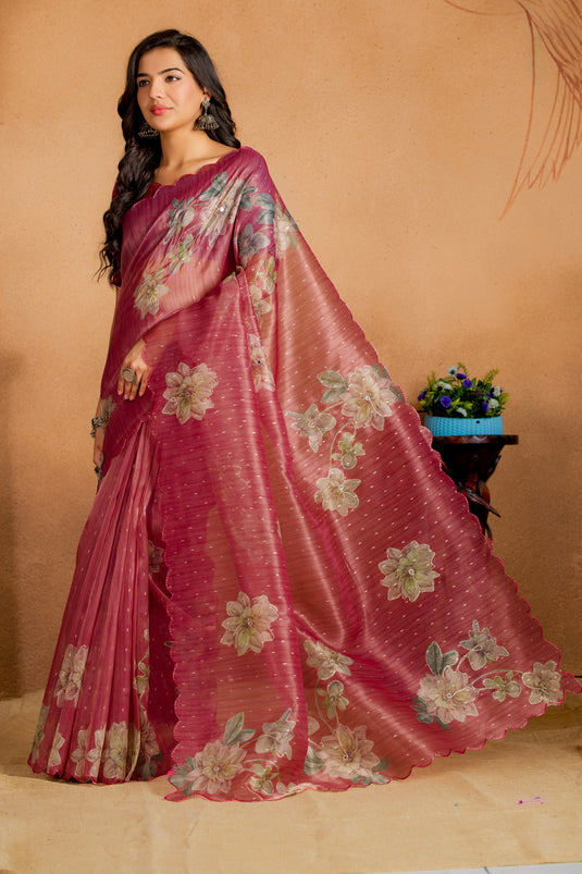 Rose Wine Floral Organza Saree
