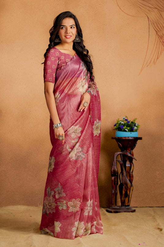 Rose Wine Floral Organza Saree