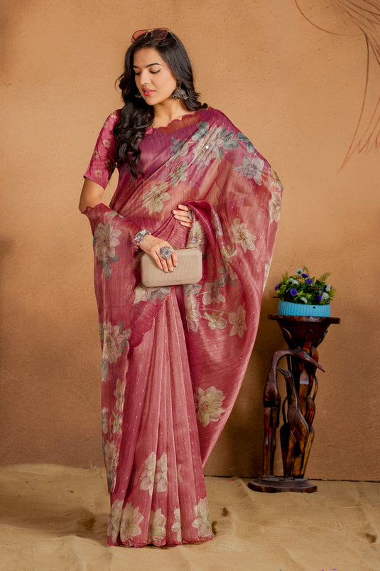 Rose Wine Floral Organza Saree
