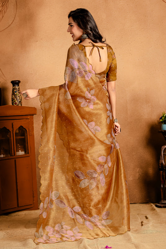 Elegant Golden Brown Organza Floral Saree