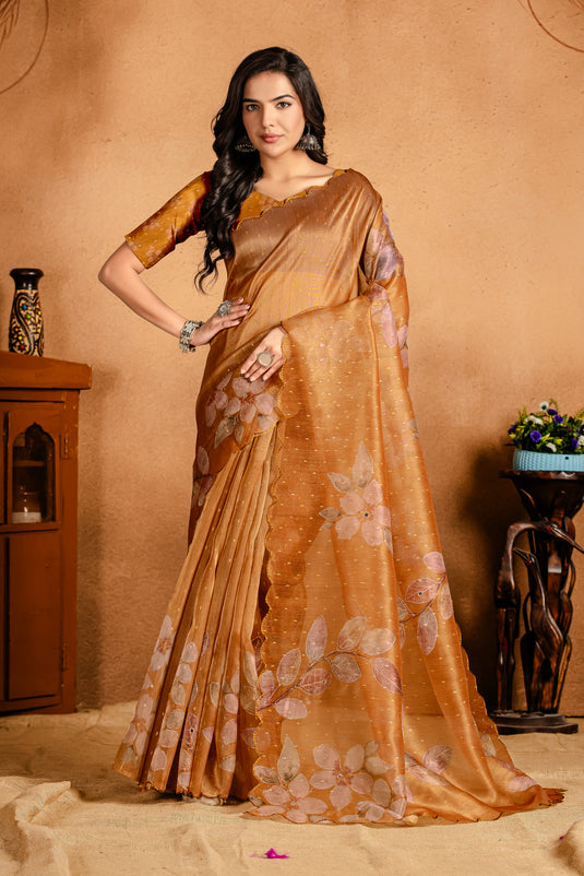 Elegant Golden Brown Organza Floral Saree