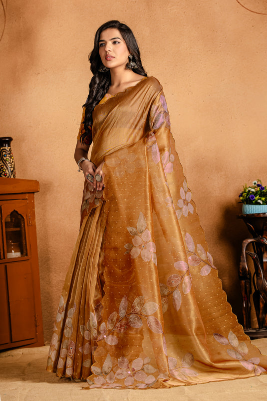 Elegant Golden Brown Organza Floral Saree