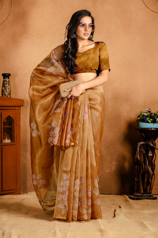 Elegant Golden Brown Organza Floral Saree
