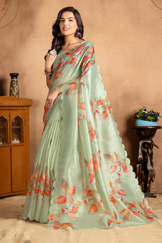 Pastel Sage Green Floral Linen Saree