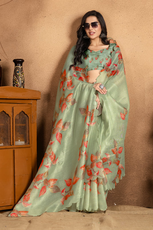 Pastel Sage Green Floral Linen Saree