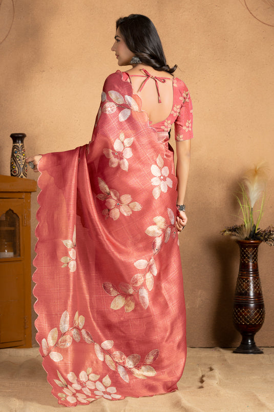 Elegant Rust Peach Linen Silk Saree with Leaf Motif