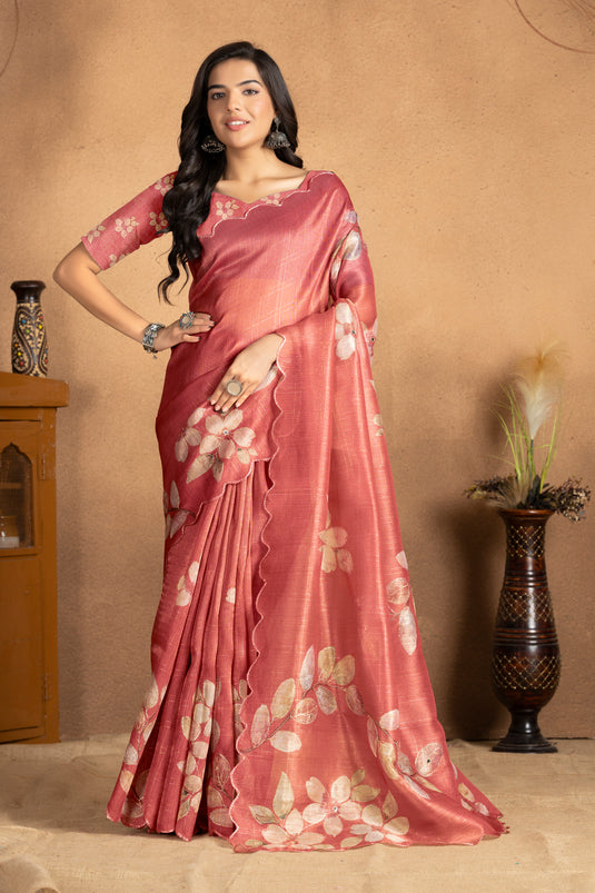 Elegant Rust Peach Linen Silk Saree with Leaf Motif