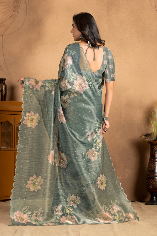 Sage Green Dream Floral Organza Saree