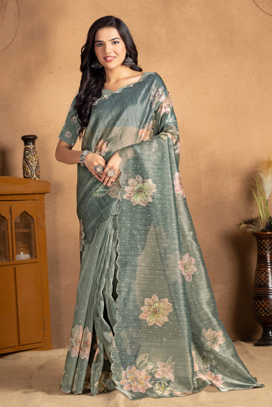 Sage Green Dream Floral Organza Saree