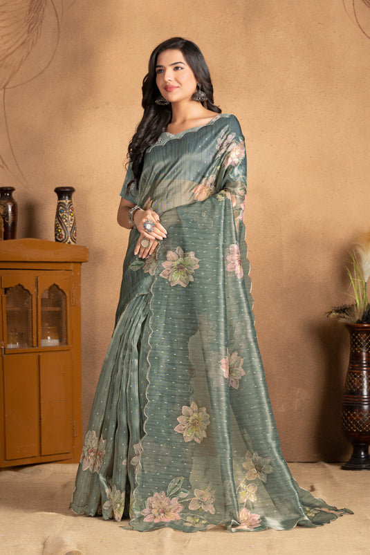 Sage Green Dream Floral Organza Saree