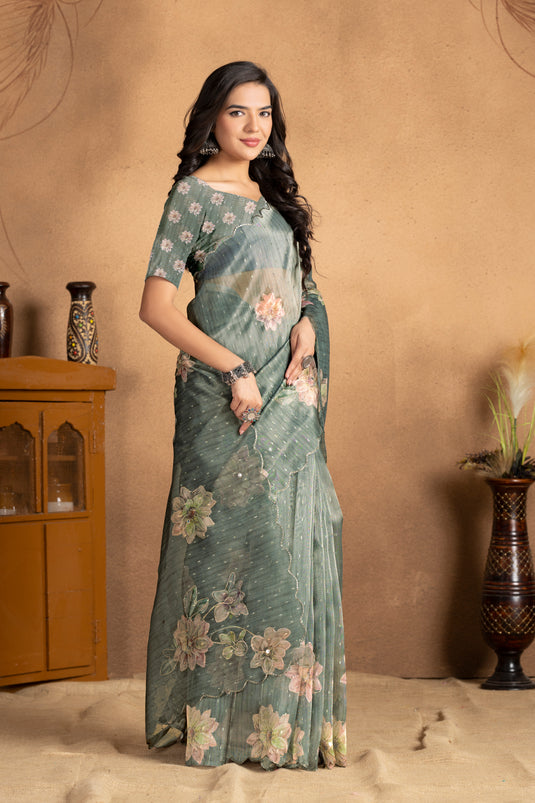 Sage Green Dream Floral Organza Saree
