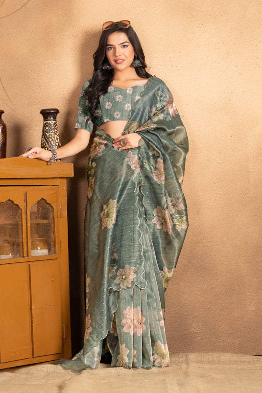Sage Green Dream Floral Organza Saree