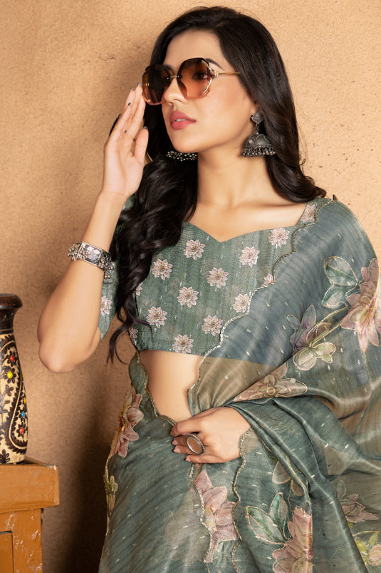 Sage Green Dream Floral Organza Saree