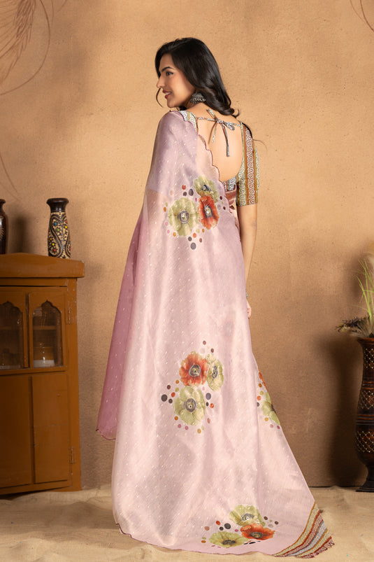 Blush Mauve Floral Printed Organza Saree