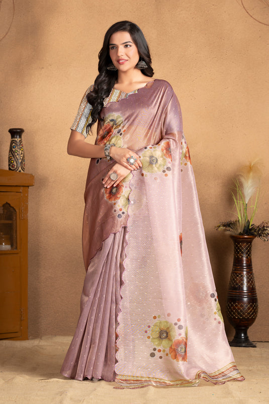 Blush Mauve Floral Printed Organza Saree