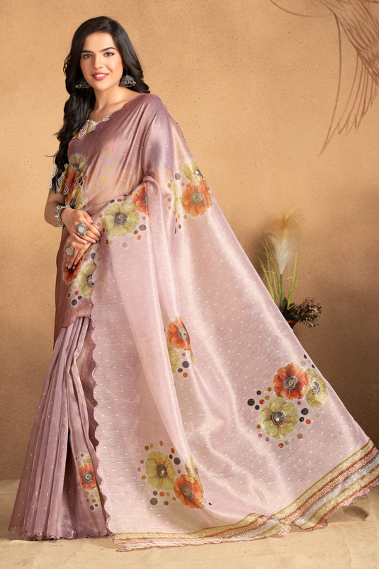 Blush Mauve Floral Printed Organza Saree