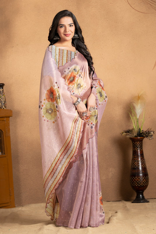 Blush Mauve Floral Printed Organza Saree