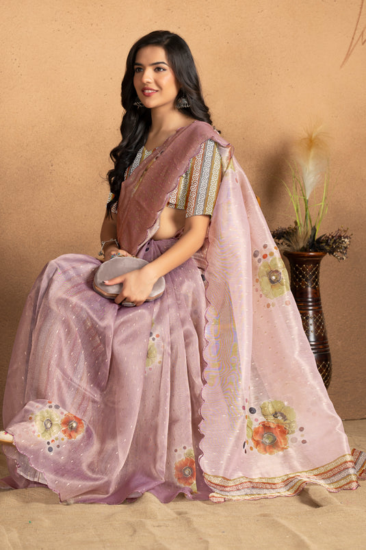 Blush Mauve Floral Printed Organza Saree