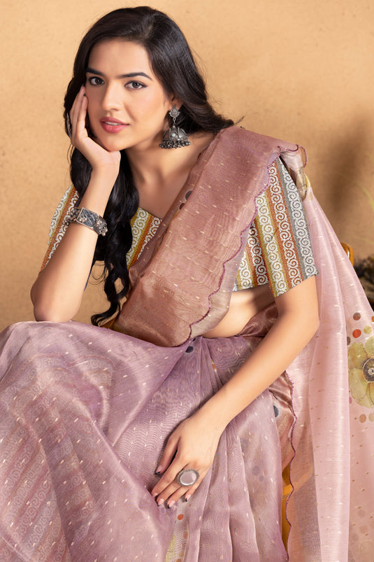Blush Mauve Floral Printed Organza Saree