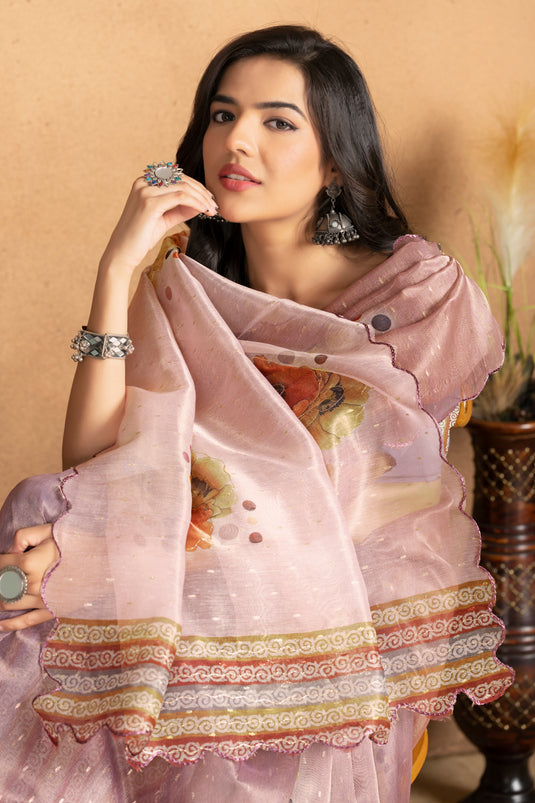 Blush Mauve Floral Printed Organza Saree