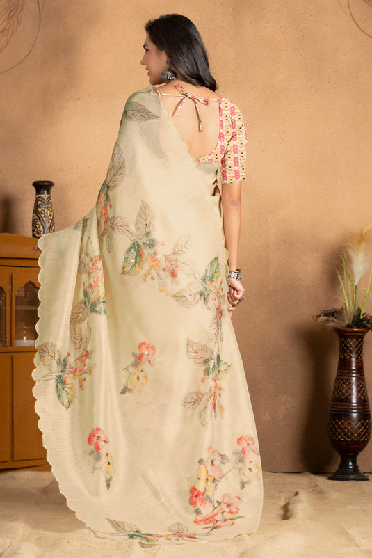 Ivory Blossom Linen Saree