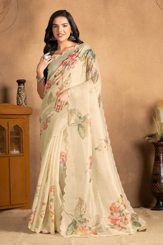 Ivory Blossom Linen Saree