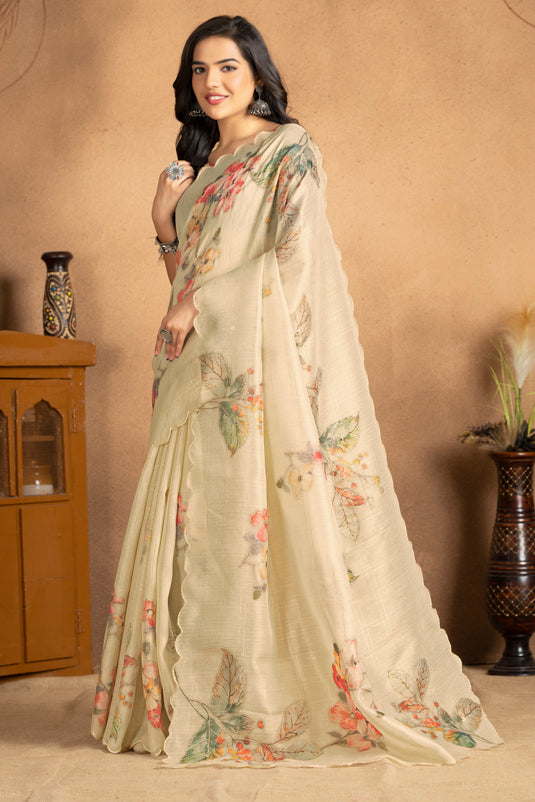 Ivory Blossom Linen Saree