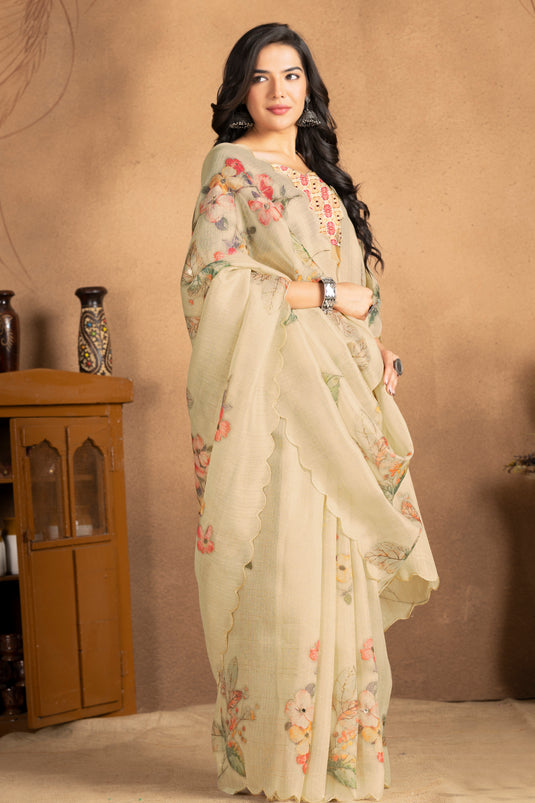 Ivory Blossom Linen Saree
