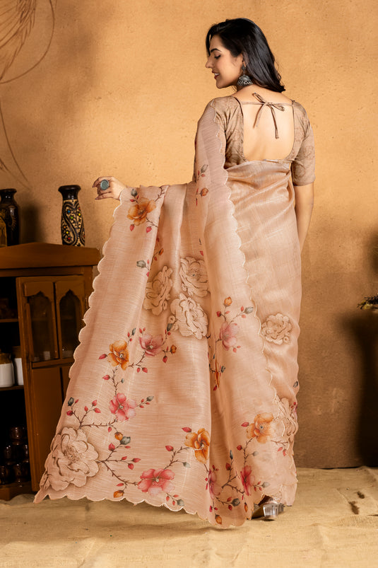 Elegant Peach Floral Organza Saree