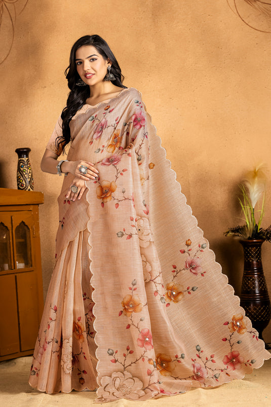 Elegant Peach Floral Organza Saree