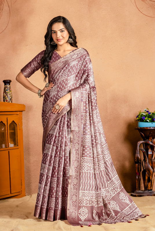 Dusty Mauve and Black Ethnic Printed Saree