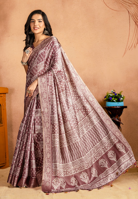 Dusty Mauve and Black Ethnic Printed Saree