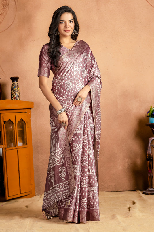 Dusty Mauve and Black Ethnic Printed Saree