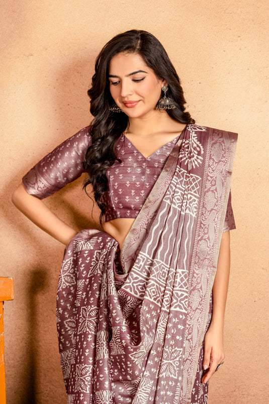 Dusty Mauve and Black Ethnic Printed Saree