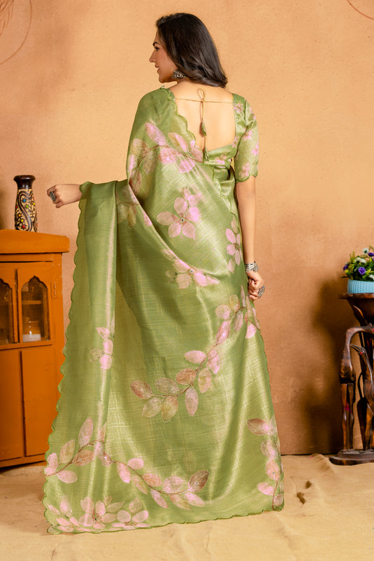 Elegant Pastel Green Floral Woven Silk Saree