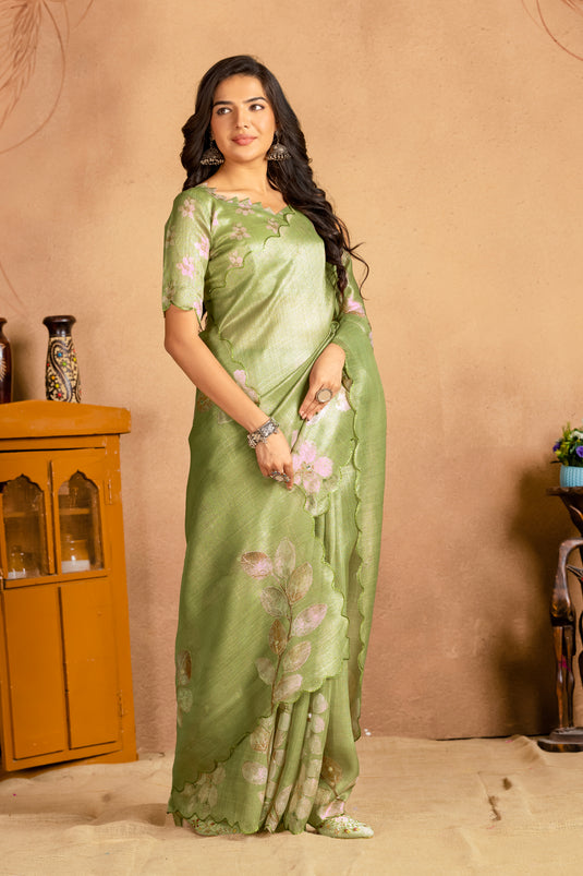 Elegant Pastel Green Floral Woven Silk Saree