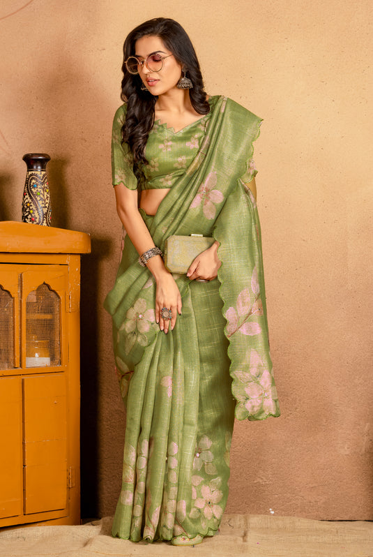 Elegant Pastel Green Floral Woven Silk Saree