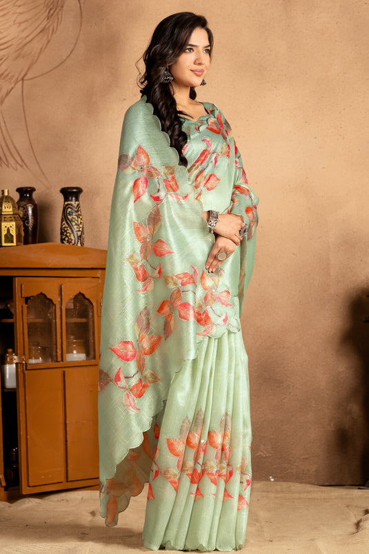Pastel Sage Green Floral Linen Saree