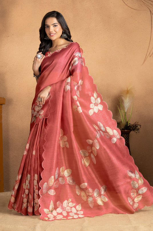 Elegant Rust Peach Linen Silk Saree with Leaf Motif