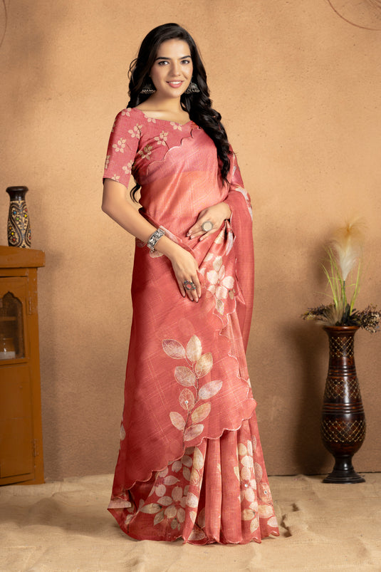 Elegant Rust Peach Linen Silk Saree with Leaf Motif