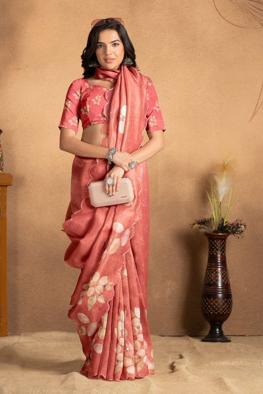 Elegant Rust Peach Linen Silk Saree with Leaf Motif