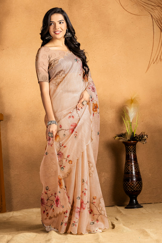 Elegant Peach Floral Organza Saree