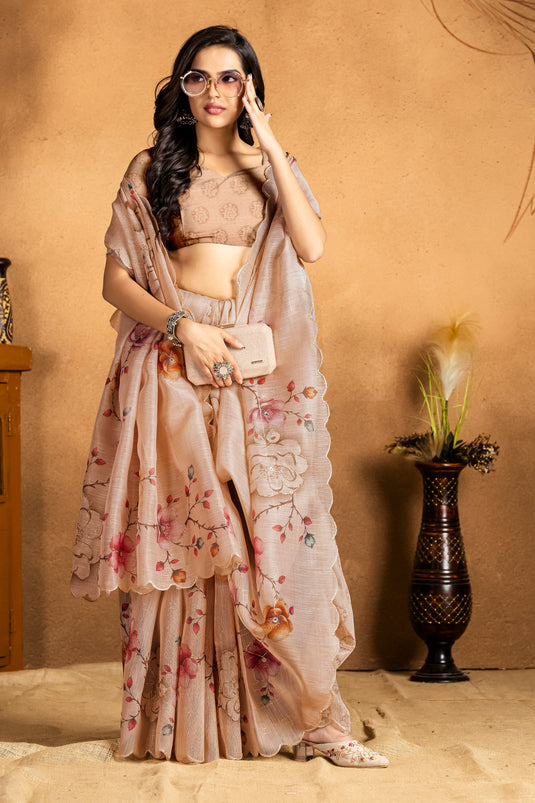 Elegant Peach Floral Organza Saree