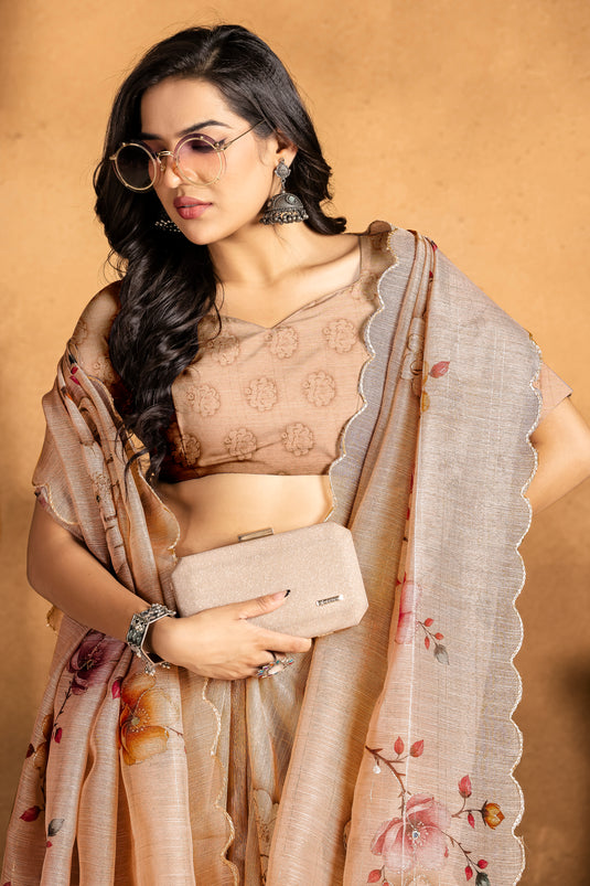 Elegant Peach Floral Organza Saree